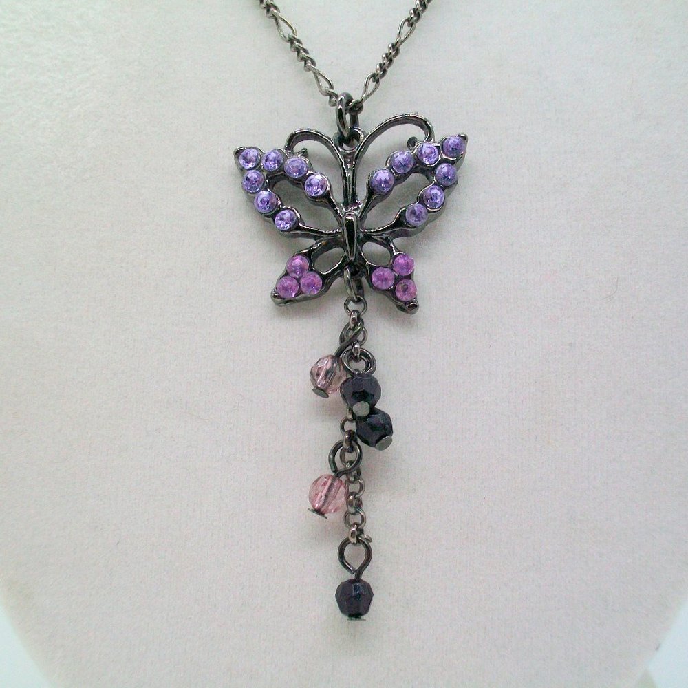 Hand Crafted Purple Rhinestone Gun Metal Gray Butterfly Pendant Necklace